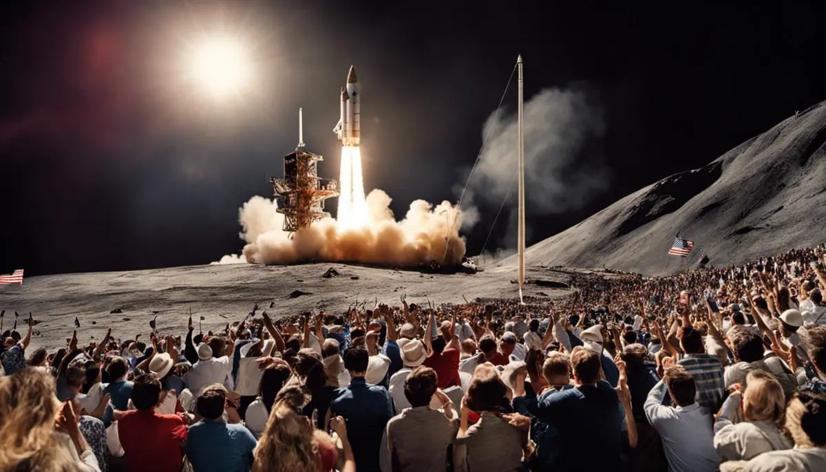 A photograph capturing the excitement and awe surrounding the Apollo moon missions, showing a crowd cheering and waving flags in front of a rocket during a launch