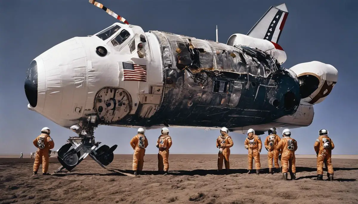 Image of Apollo 1 crew members and the Apollo 1 spacecraft in memory of their sacrifice