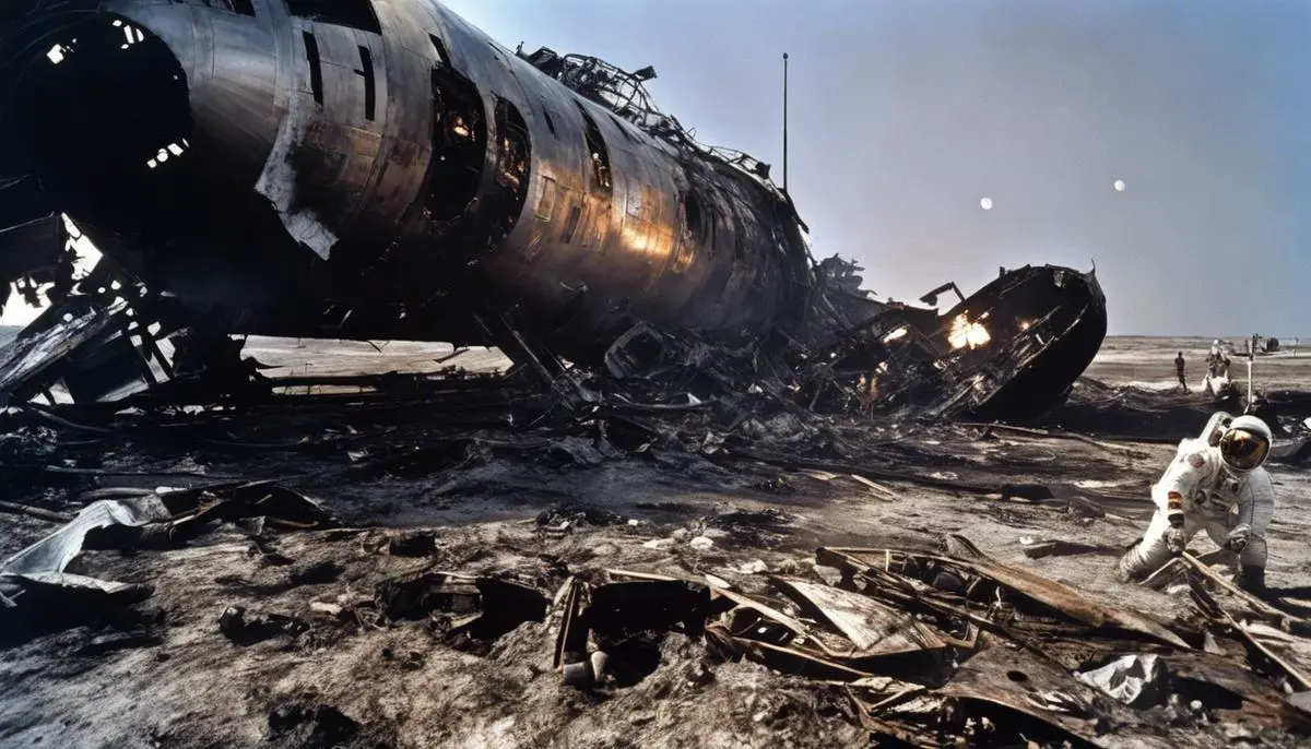 Image depicting the aftermath of the Apollo 1 fire, showing the damaged spacecraft and the solemn mood surrounding the tragedy.