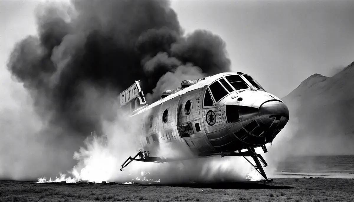 A black and white photograph of the Apollo 1 spacecraft engulfed in flames during the tragic fire.