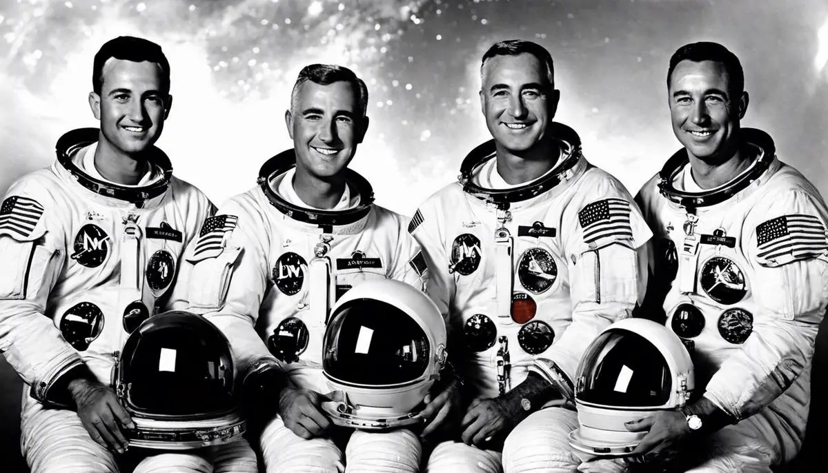 A vintage black and white image depicting the Apollo 1 crew members - Gus Grissom, Ed White, and Roger Chaffee - with their names written below each individual's picture, commemorating their bravery and sacrifice.