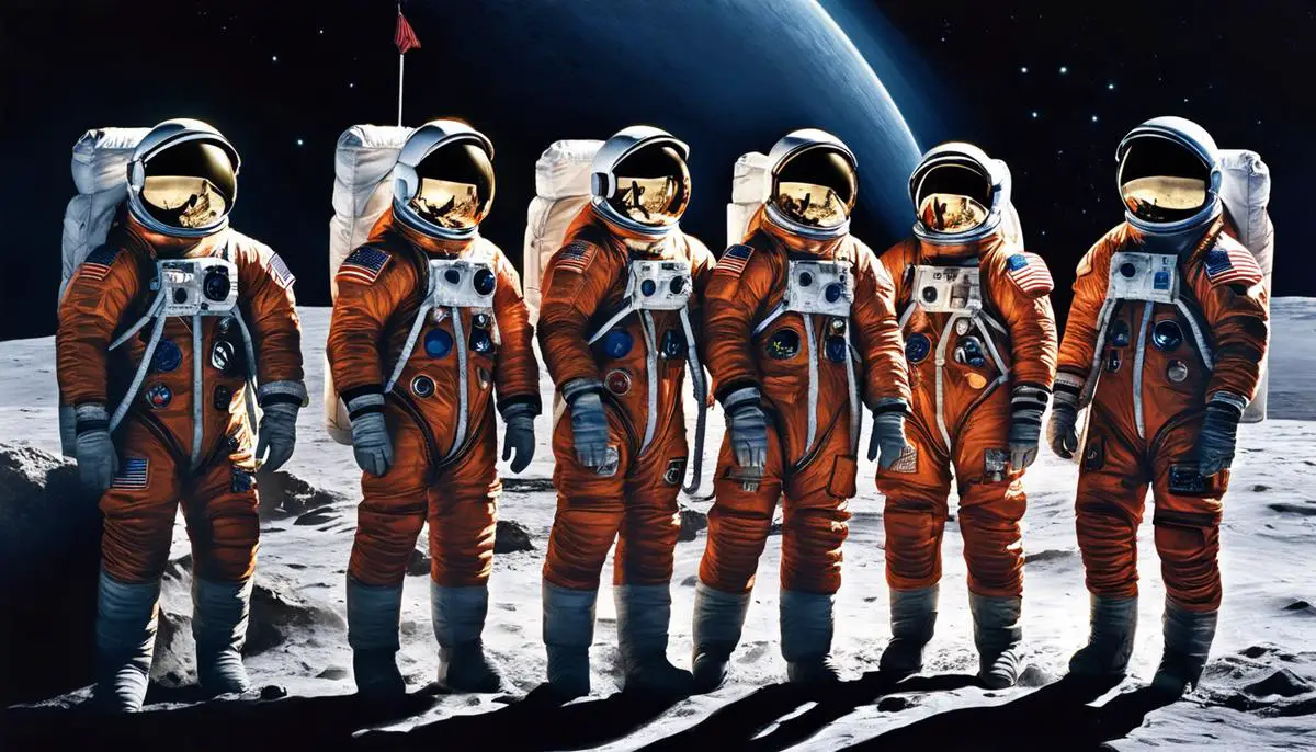 The image displays the Apollo 1 crew members standing together in their spacesuits, symbolizing their unity and determination.