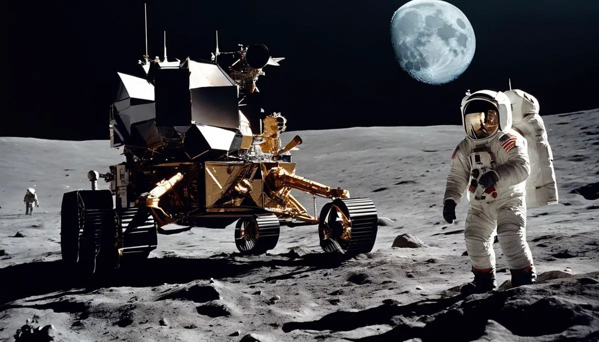 Image depicting the Apollo 11 mission, showing astronauts on the lunar surface with the lunar module in the background.