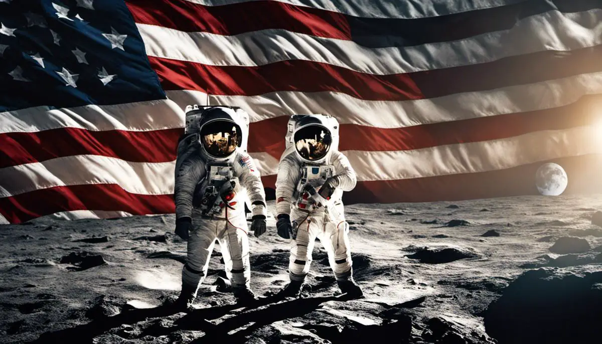 An image depicting the Apollo missions and the moon landing, showcasing astronauts on the moon's surface with the American flag.