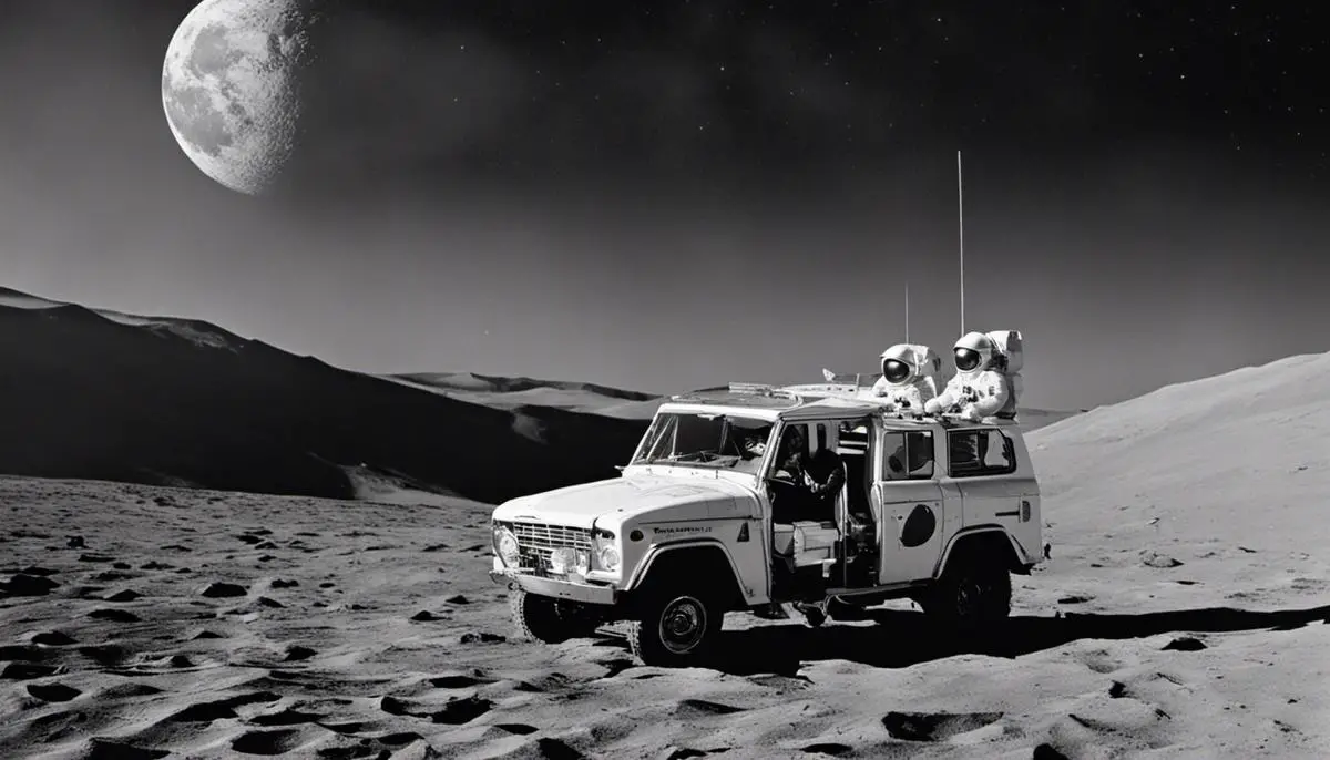 Image description: An image showing the Apollo missions and the moon landing in black and white.