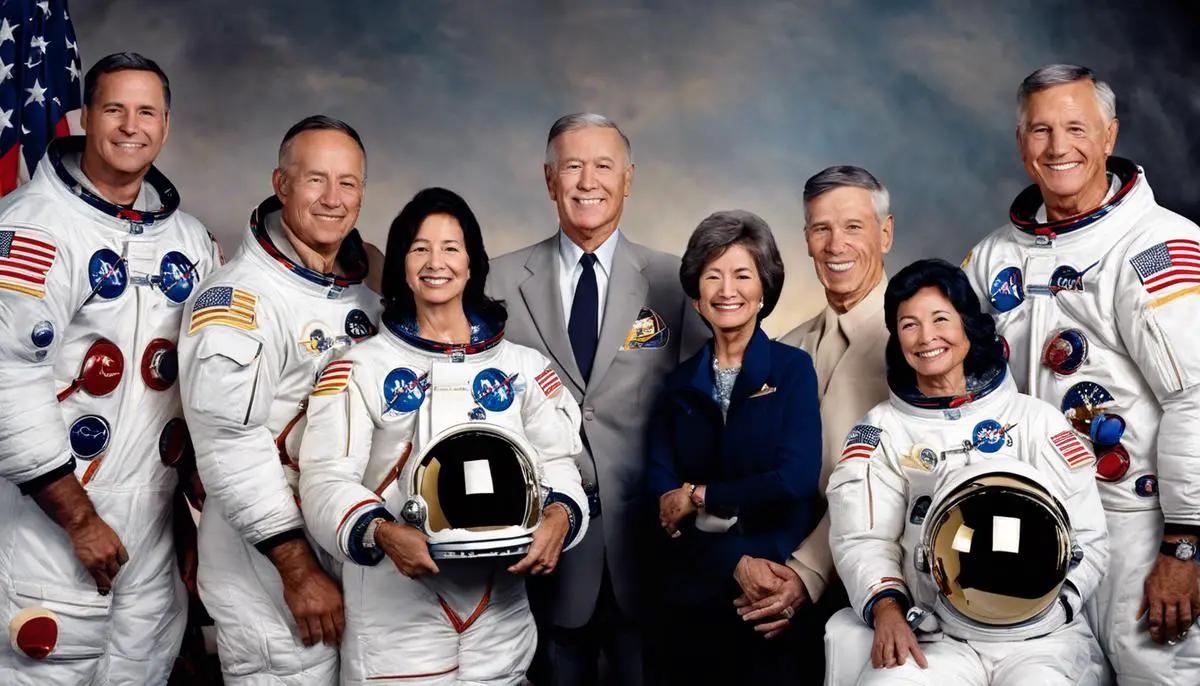 A group of family members holding a photo of the Apollo 1 crew, symbolizing their love and dedication