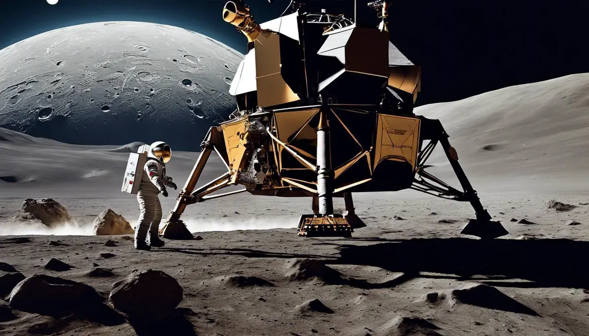 An image of the moon landing, depicting a lunar module descending towards the moon's surface as an astronaut stands nearby, preparing to take the first steps.