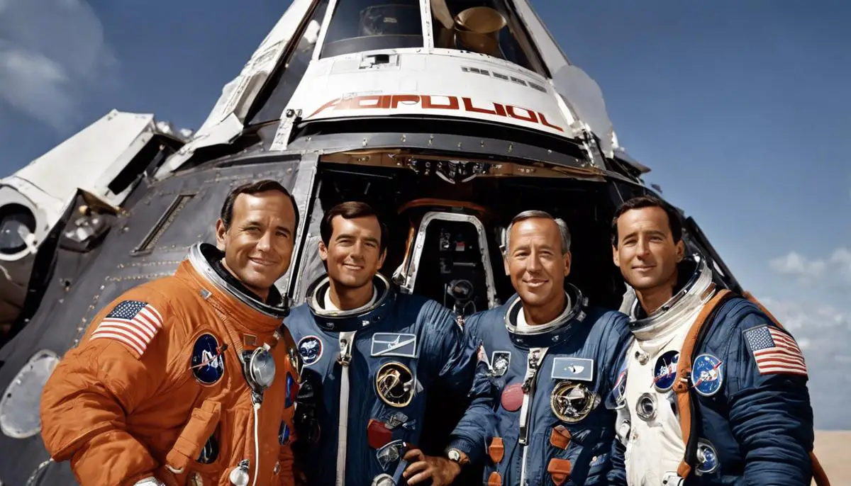 Image of the Apollo 1 astronauts in spacesuits standing beside the Command Module, representing the tragic event and the pursuit of space exploration.