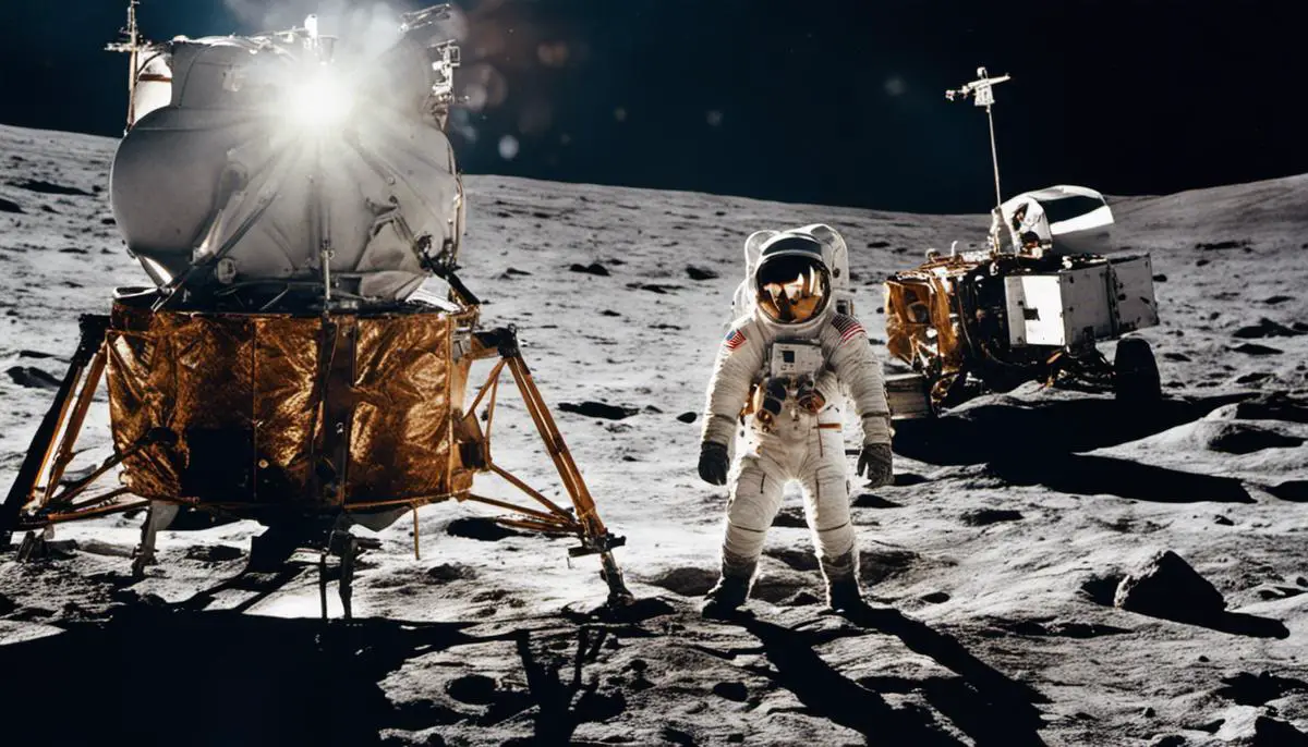 An image of the Apollo moon missions showcasing astronauts on the lunar surface in their spacesuits.