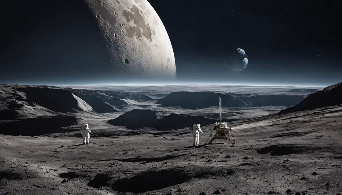 A breathtaking image of the Artemis Program showcasing astronauts exploring the lunar surface, with Earth visible in the background.