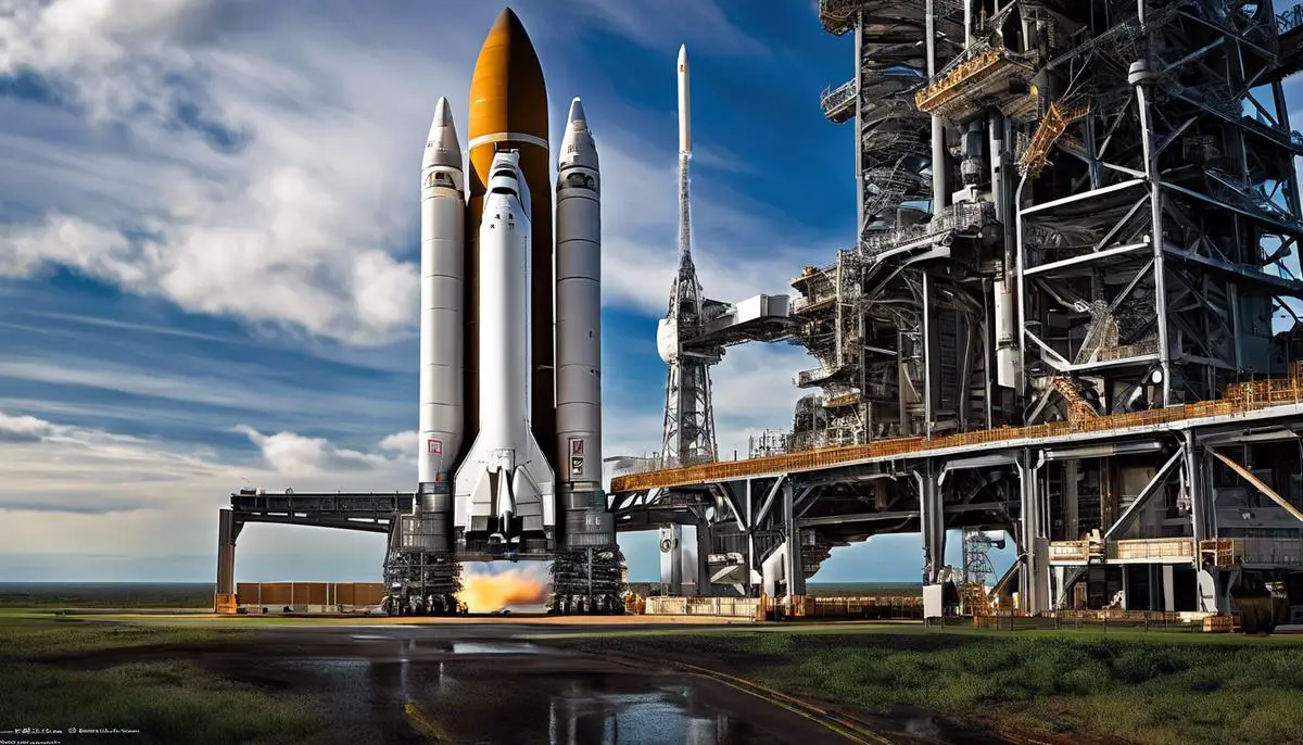 An image showing the Launch Complex 34, depicting its various components like the launch pad, blockhouse, service arm, and the spacecraft's hatch.