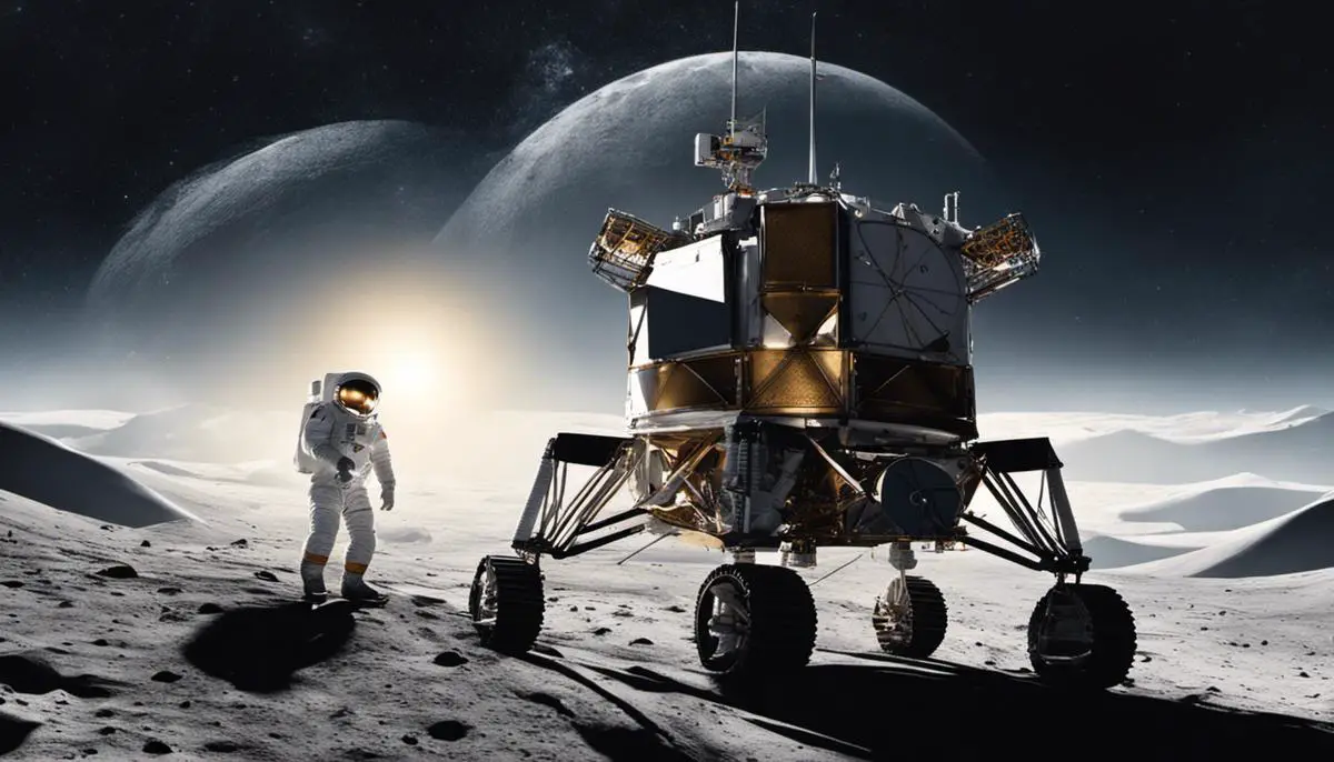 A graphic representation of moon exploration displaying a lunar lander and an astronaut standing on the moon's surface.